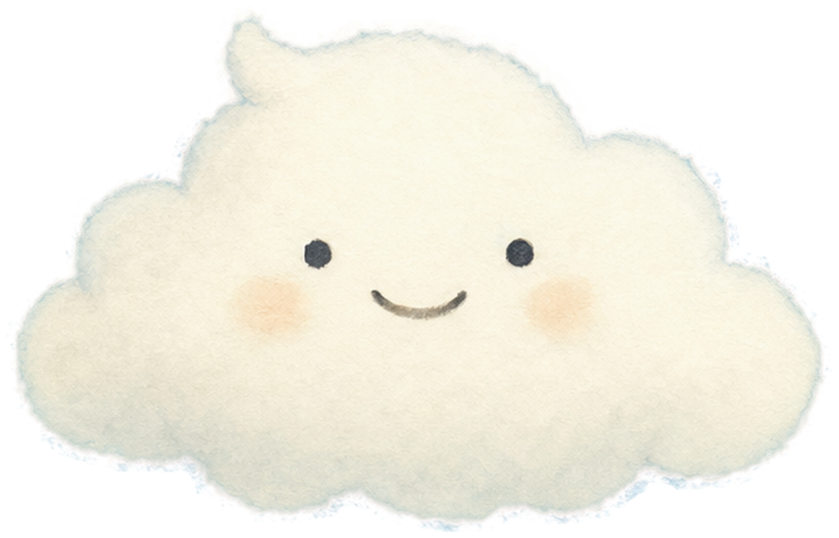 Whisp, a small smiling watercolor cloud with a cowlick tuft